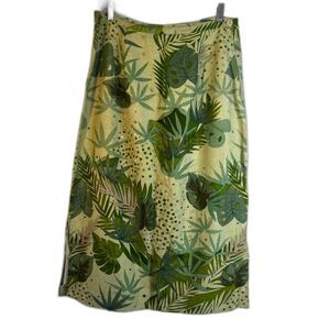 Kaktus Linen Blend Maxi Skirt Green Tropical Leaf Print Straight Size Large